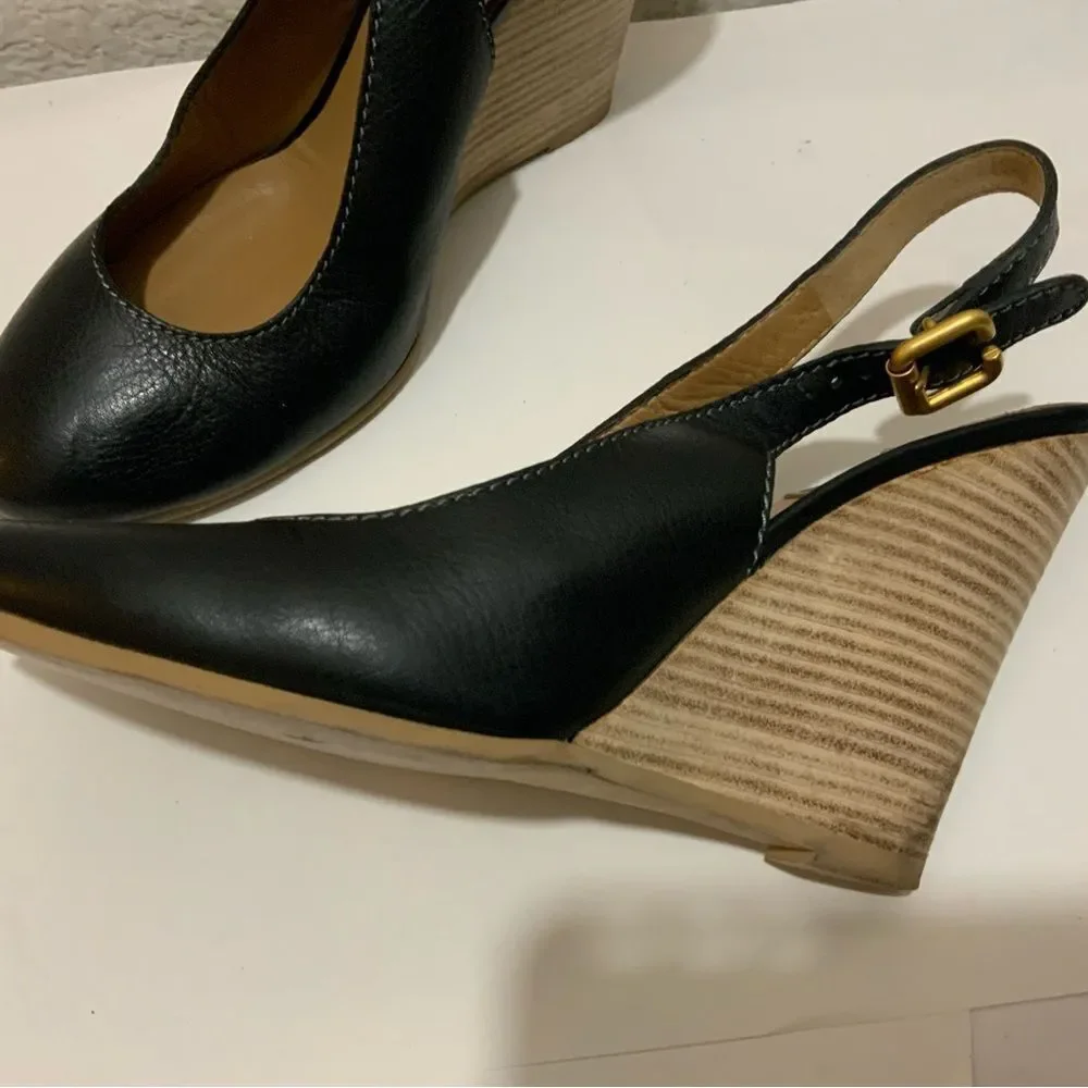 Chloé Leather Slingback Leather Wedge Ankle Pumps In Black 39.5 Italy